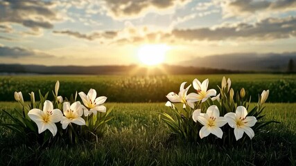 Canvas Print - Beautiful sunset over blooming white lilies and flowers in serene green field landscape.