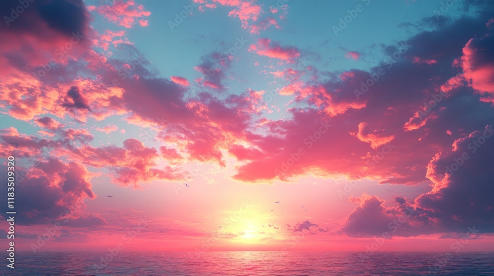 Vibrant pink and orange sunset over calm ocean with fluffy clouds ...