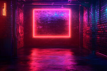 Leinwandbilder - A 3D rendering of modern neon lights illuminating an old, grungy brick wall room creates a futuristic and dynamic atmosphere in stock photo