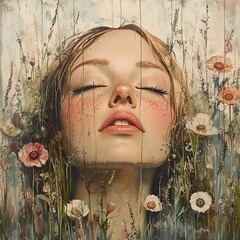 Wall Mural - Serene Woman in Wildflowers: A Dreamy Portrait