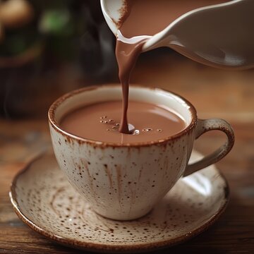 A close-up of a white mug being filled with hot chocolate from a silver pitcher on a wooden table.