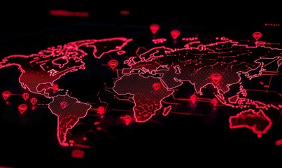 Poster - Futuristic Global Map Visualization, a vibrant digital representation showcasing interconnected regions, advanced technology, and data flows across continents.