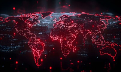 Poster - Futuristic Global Map, a vibrant digital representation showcasing interconnected cities and advanced technology across continents.