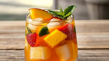 Wall Mural - Refreshing summer fruit cocktail drink with ice and mint for perfect chill.