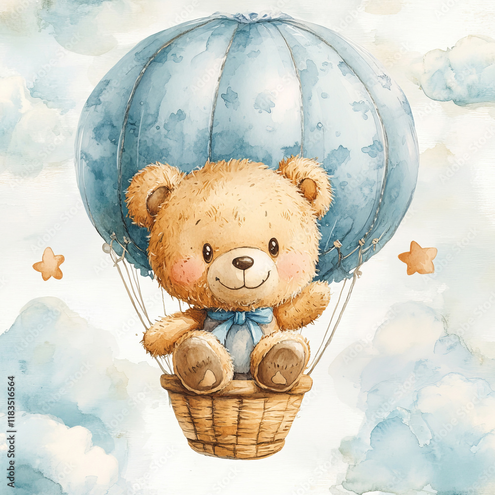 A whimsical illustration of a teddy bear soaring in a hot air balloon ...