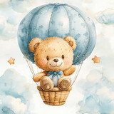 A whimsical illustration of a teddy bear soaring in a hot air balloon, with soft blue tones and fluffy white clouds, perfect for a baby boy-themed greeting card.