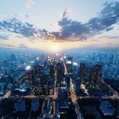 Poster - Renewable energy program inspiring urban innovation city skyline aerial view sunset technology integration
