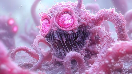 Poster - Virus Particle Dissolution, a vibrant digital representation illustrating the intricate process of a virus particle disintegrating into the surrounding environment