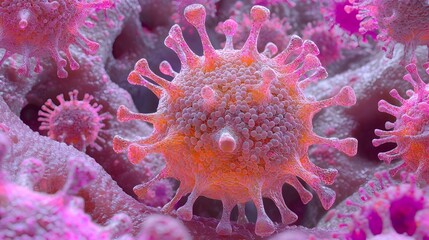 Poster - Virus particle dissolution, intricate digital art showcasing the dynamic transformation and decay of a virus in vivid colors and textures