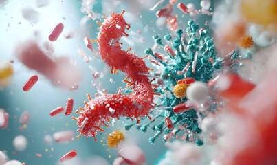 Poster - Vibrant digital animation of virus particles in dynamic motion, showcasing intricate structures and interactions in a vivid, engaging manner.