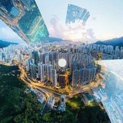 Poster - Innovative smart city development urban environment digital transformation collaboration with industries aerial view future-ready community