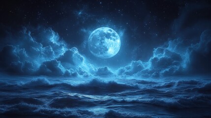 full moon over a stormy sea at night.