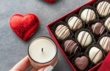 Wall Mural - A romantic setup featuring a box of assorted chocolates, a candle, and a decorative heart, perfect for Valentine's Day or special occasions.