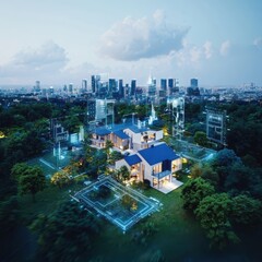 Poster - Smart city program showcasing technology integration in urban landscape futuristic development aerial view sustainability concept