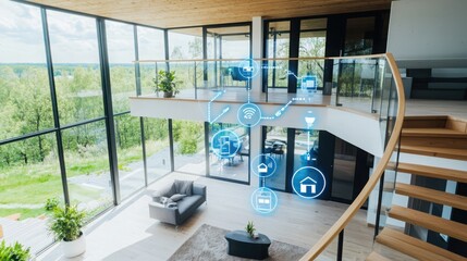 Poster - Innovative smart home automation showcase modern living space interior design bright open environment elevated perspective technology integration for community standards
