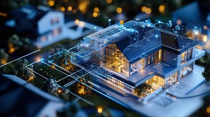 Poster - Smart home automation design focused on user experience modern residential setting 3d visualization nighttime environment aerial view innovative technology concept
