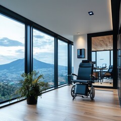 Poster - Smart home automation action in modern living space scenic mountain view interior design contemporary environment inviting atmosphere