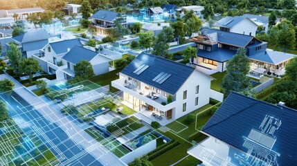 Poster - Smart home automation innovations suburban neighborhood digital infrastructure urban environment aerial view sustainable living concepts