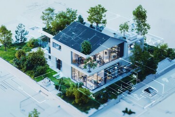 Poster - Innovative smart home automation systems transforming eco-friendly living spaces modern residential areas digital design outdoor landscape elevated perspective