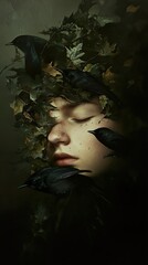 Wall Mural - Surreal Portrait: A Dream of Autumn Leaves and Birds