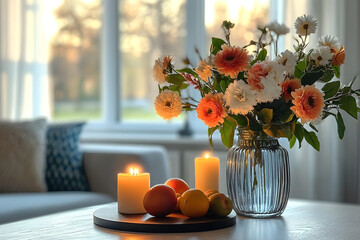 Poster - modern, brightly lit apartment interior with flower vase candles and fruit disk on table early morni