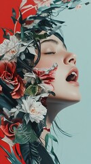 Wall Mural - Surreal Woman with Flowers: A Dreamlike Portrait