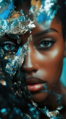 Wall Mural - A woman's face, partially covered with glittering foil, creating a surreal and artistic portrait.