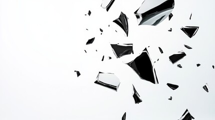 Poster - White background with a black and white image of shattered glass. Concept of destruction and chaos, with the broken pieces scattered all over the background
