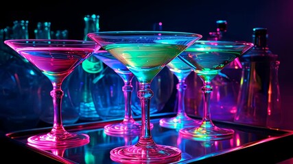 Wall Mural - Bright different cocktail glasses. Colored pink blue yellow night club party alcoholic drinks. Cheers holiday restaurant beverage ices wine drinks video