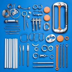 Poster - Metal parts arranged on blue background; industrial tools, overhead shot, catalog use