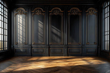 Poster - stock photo features an empty room with luxurious black wood wall panels and a wooden floor, showcasing highly crafted classic or traditional wood paneling with a frame pattern