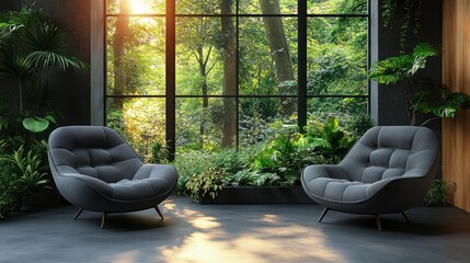 Wall Mural - Two gray armchairs face a large window overlooking a lush green forest, sunlight streaming in.