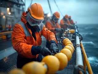 Poster - experienced offshore rig workers in protective gear methodically inspecting and maintaining critical