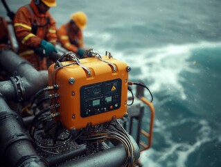 Poster - offshore oil platform maintenance crew conducting thorough inspection of critical pipeline infrastru
