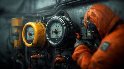 Poster - Offshore Oil Rig Workers Closely Monitoring and Adjusting the Complex Drilling Mud Circulation System