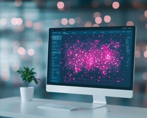 Leinwandbilder - Futuristic Desktop Setup with Digital Interface and Neon Data Visuals