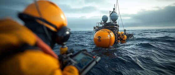 Poster - Offshore seismic survey crew skillfully operating state of the art sonar equipment precisely recording data to create detailed 3D models of the seafloor