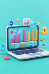 Poster - Colorful 3D laptop displaying various data visualizations and graphs.