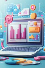 Poster - A colorful digital workspace featuring graphs and data visualizations on a laptop.