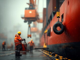 Poster - Coordinating Cargo Logistics at Bustling Offshore Shipping Port with Skilled Crane Operators and Hardworking Laborers Braving the Elements to Move Cargo Containers Between Supply Ships and Dockside