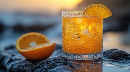 Refreshing orange cocktail on rocks at sunset.