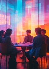 Poster - Futuristic Korean Tech Discussion in Holographic Pastel Glow
