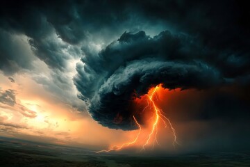 Fototapete - Captivating lightning display with dramatic forks of electric current crackling through a tumultuous charged cloud pattern against a dystopian sci fi inspired sky