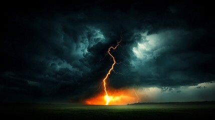 Fototapete - Dramatic and captivating scene of a powerful lightning storm with jagged bolts of electricity violently crackling through a gloomy foreboding sky  The chiaroscuro lighting creates a moody