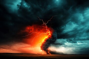 Fototapete - Dramatic and Captivating Electrical Storm Phenomenon   Branching Lightning Flashes Bursting Through an Ominous Foreboding Sky with Tumultuous Backdrop and High Contrast Illustrative Lighting