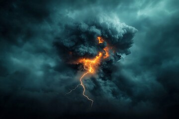 Fototapete - Dramatic celestial phenomenon with jagged electric tendrils of luminous lightning flashing across a turbulent brooding night sky ominous cloud formations roiling with dynamic energy