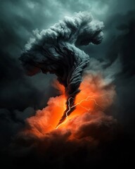 Poster - Ominous and powerful weather phenomenon with intense crackling lightning bolts zigzagging through a turbulent  ink black sky  creating a dramatic chiaroscuro lighting effect in a moody
