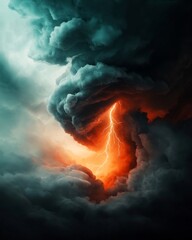 Fototapete - Dramatic electric storm with fierce crackling lightning tendrils slicing through an ominous foreboding sky  Intense chiaroscuro lighting creates a moody