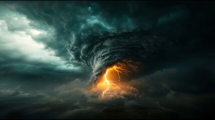 Fototapete - Fierce crackling electric storm with spiking lightning bolts tearing through an ominous swirling dark sky dramatic moody lighting expressive painterly style high contrast dramatic chiaroscuro