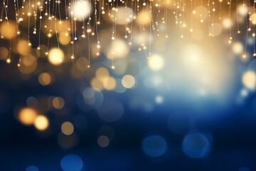 Poster - Golden string lights hanging and sparkling on a defocused blue bokeh background creates a festive christmas atmosphere